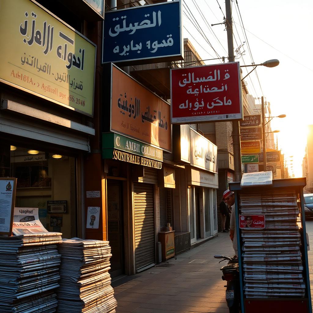 Arabic shop signs and newsstands on a Cairo street