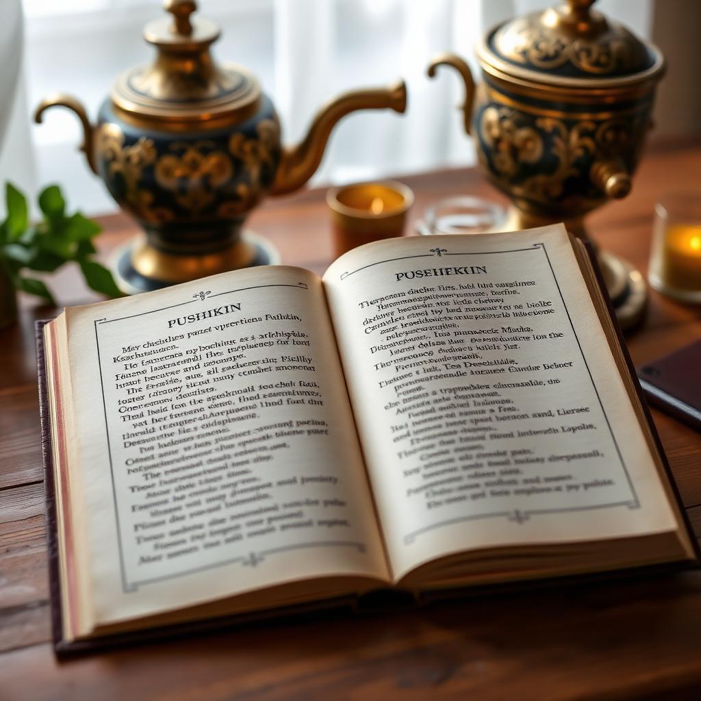 An antique edition of Pushkin's poetry beside a samovar